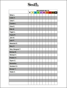 A color coded roster to help you keep track of Recorder Karate Progress