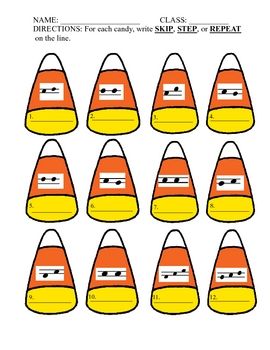 Easy and Free worksheet for teaching skip and step with candy corn theme.