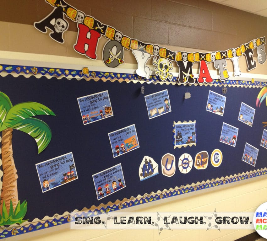 Bulletin board with pirate-themed I can statement posters.
