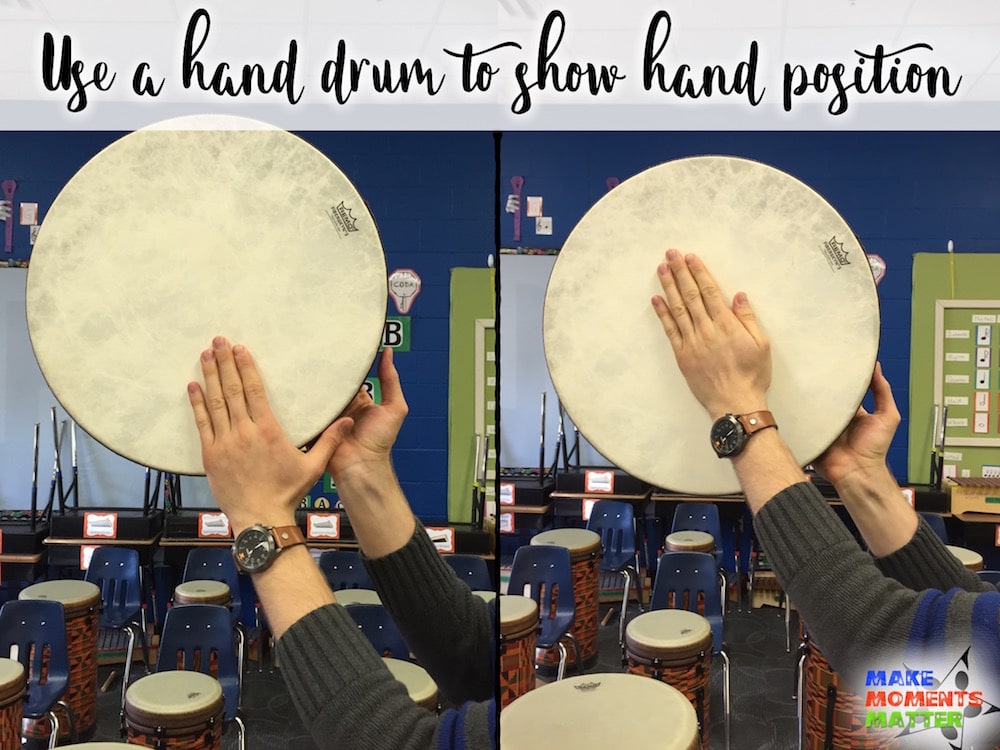 Use a hand drum visual to demonstrate hand position.