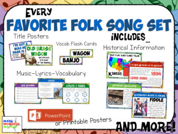 I pack my Favorite Folk Song Sets with lots of information, pictures, links to media, and other resources that would be helpful to teach a new folk song.