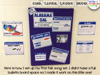 Here's a look at how I display information about the folk songs I'm teaching. It gives students who are walking through the hallway a chance to engage with the content.