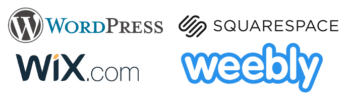 Logos for blogging sites wordpress, Wix, Squarespace, and Weebly.