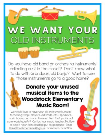 Flier to send home asking school community for instrument donations.