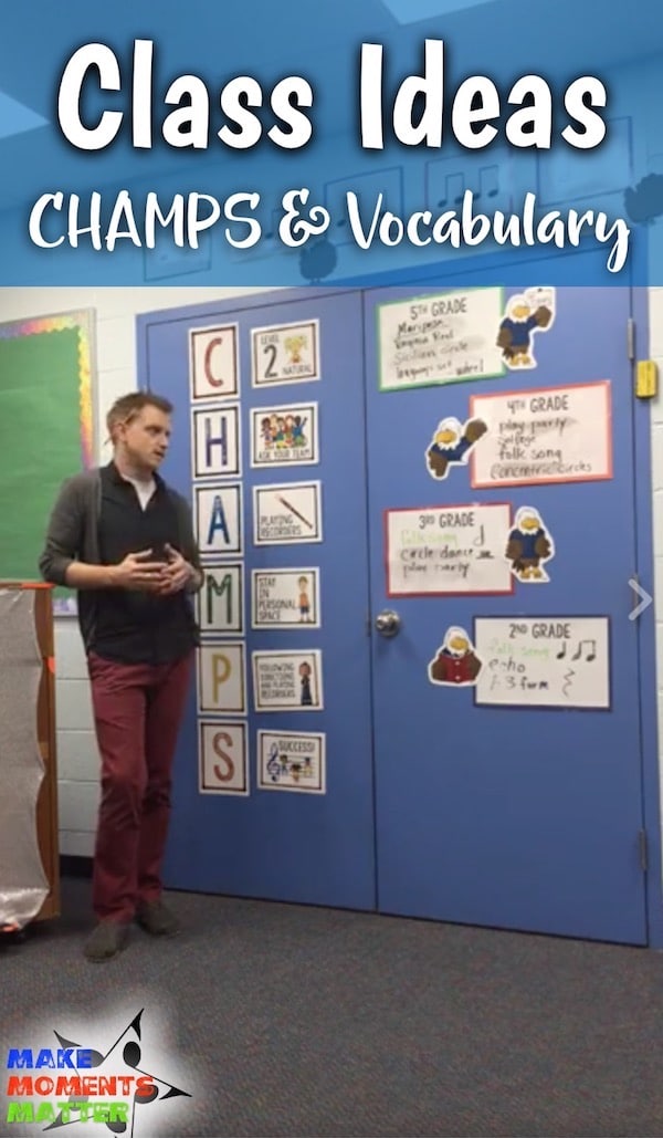 Male Music teacher with CHAMPS and vocabulary word wall.