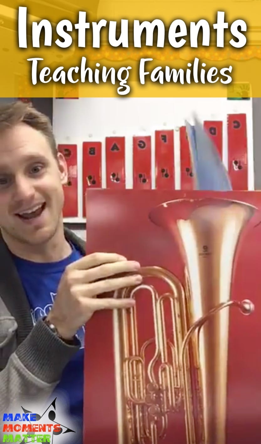 Male music teacher with instrument family posters.