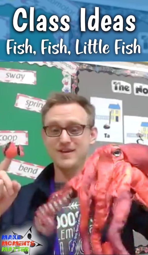 Male music teacher with octopus and fish puppet.