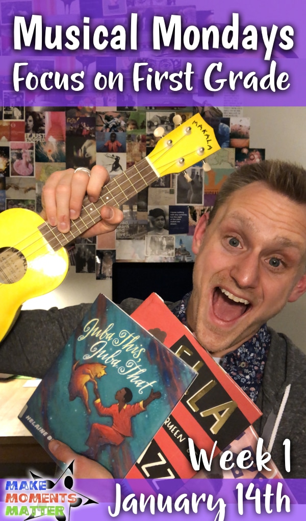 Music Teacher holding children's books and yellow ukulele