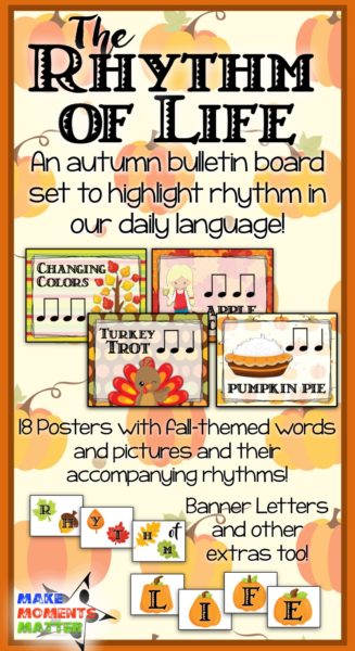 Fall-themed bulletin board with words like turkey trot, apple picking, pumpkin pie, and changing colors.