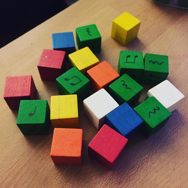 When creating the rhythm dice I made three different sets with varying difficulty so that I can use them for any grade level and a variety of activities. I color coded the so that they'd be easy to separate or identify as needed.
