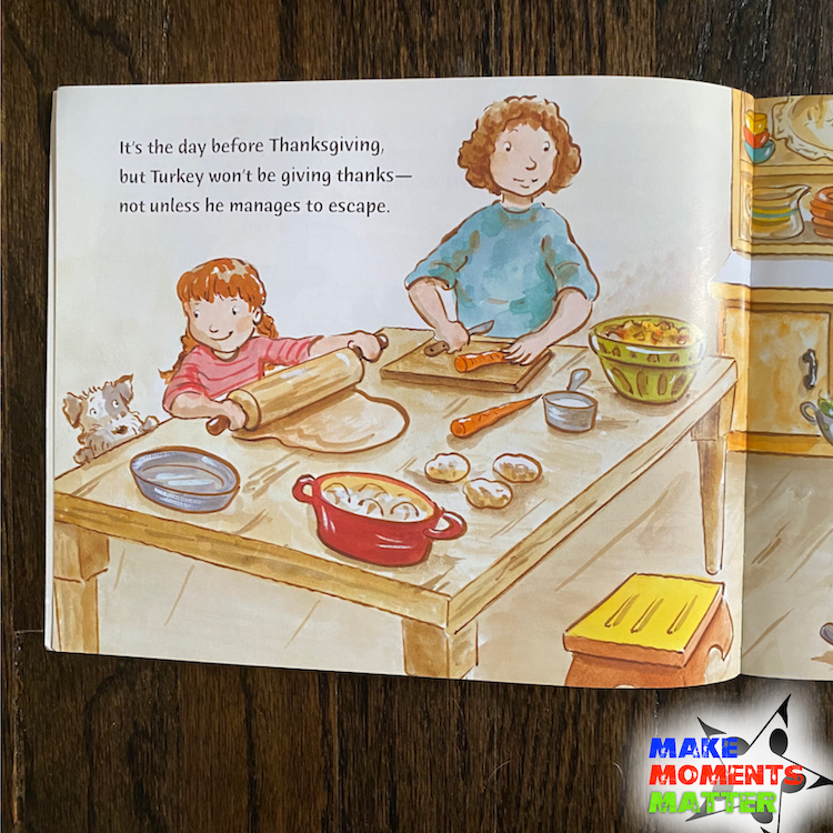 Page from "Run, Turkey, Run" with a scene in the kitchen.  Text: It's the day before Thanksgiving but Turkey won't be giving thanks - not unless he manages to escape.